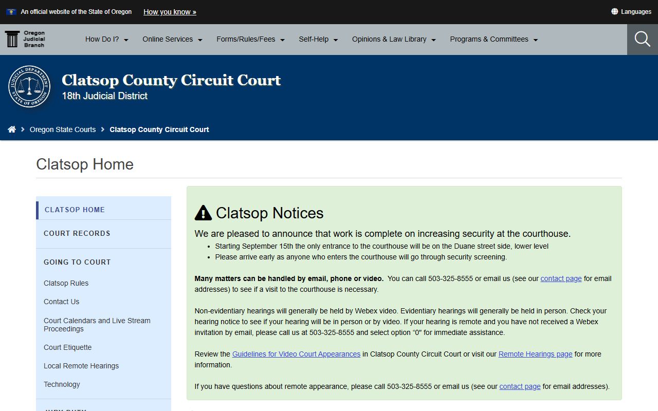 Clatsop County Circuit Court website for traffic court records
