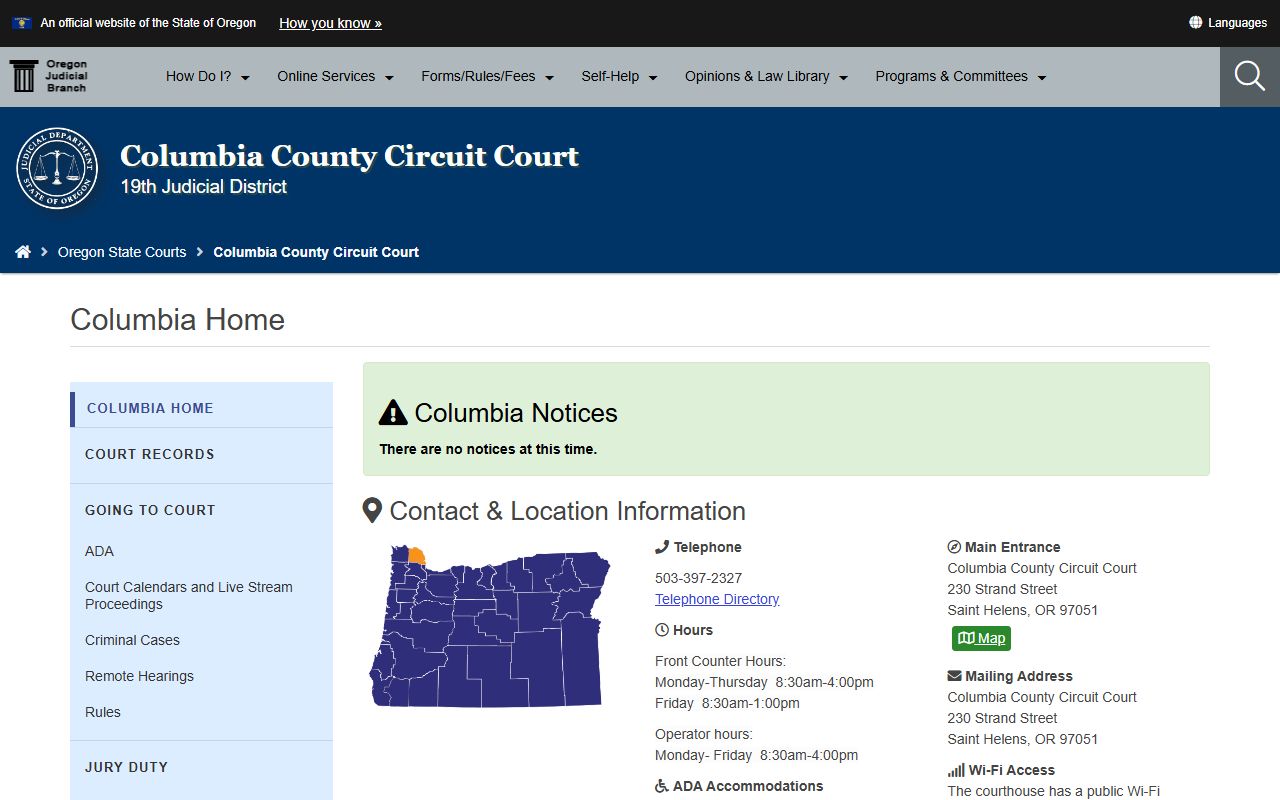 Columbia County Circuit Court website for traffic court records