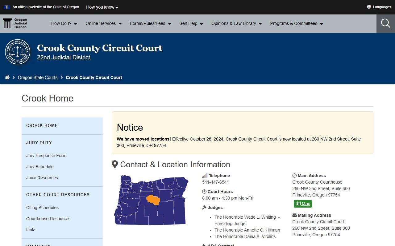 Crook County Circuit Court website for traffic court records in Prineville Oregon