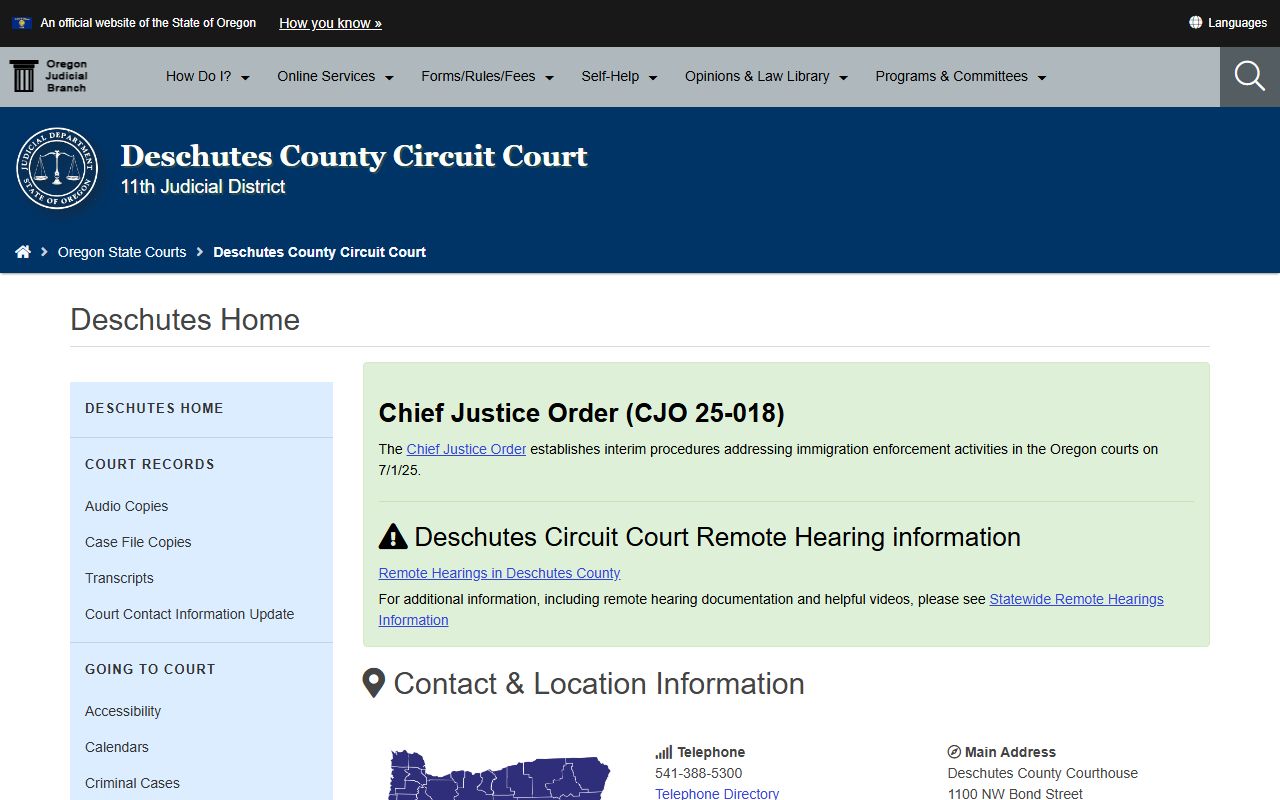 Deschutes County Circuit Court website for traffic court records in Bend Oregon