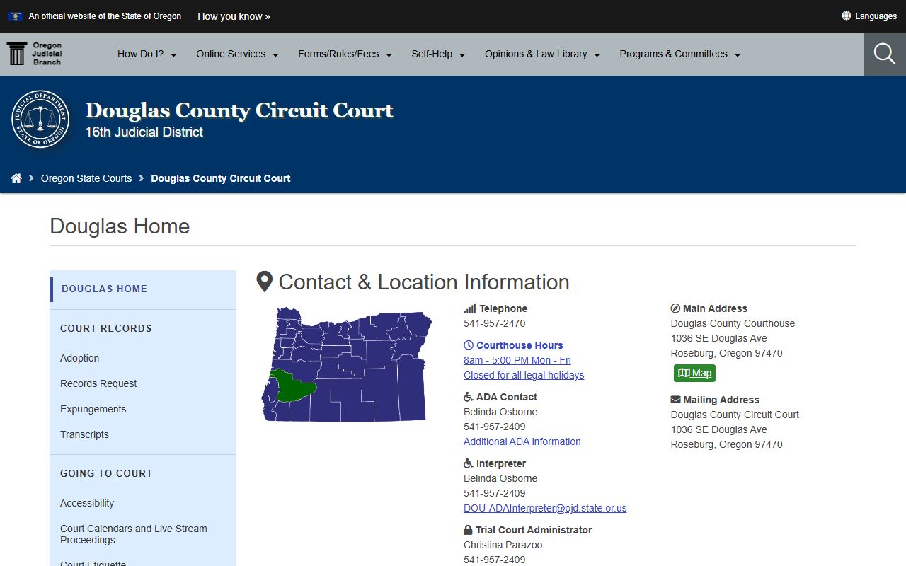 Douglas County Circuit Court website for traffic court records in Roseburg Oregon