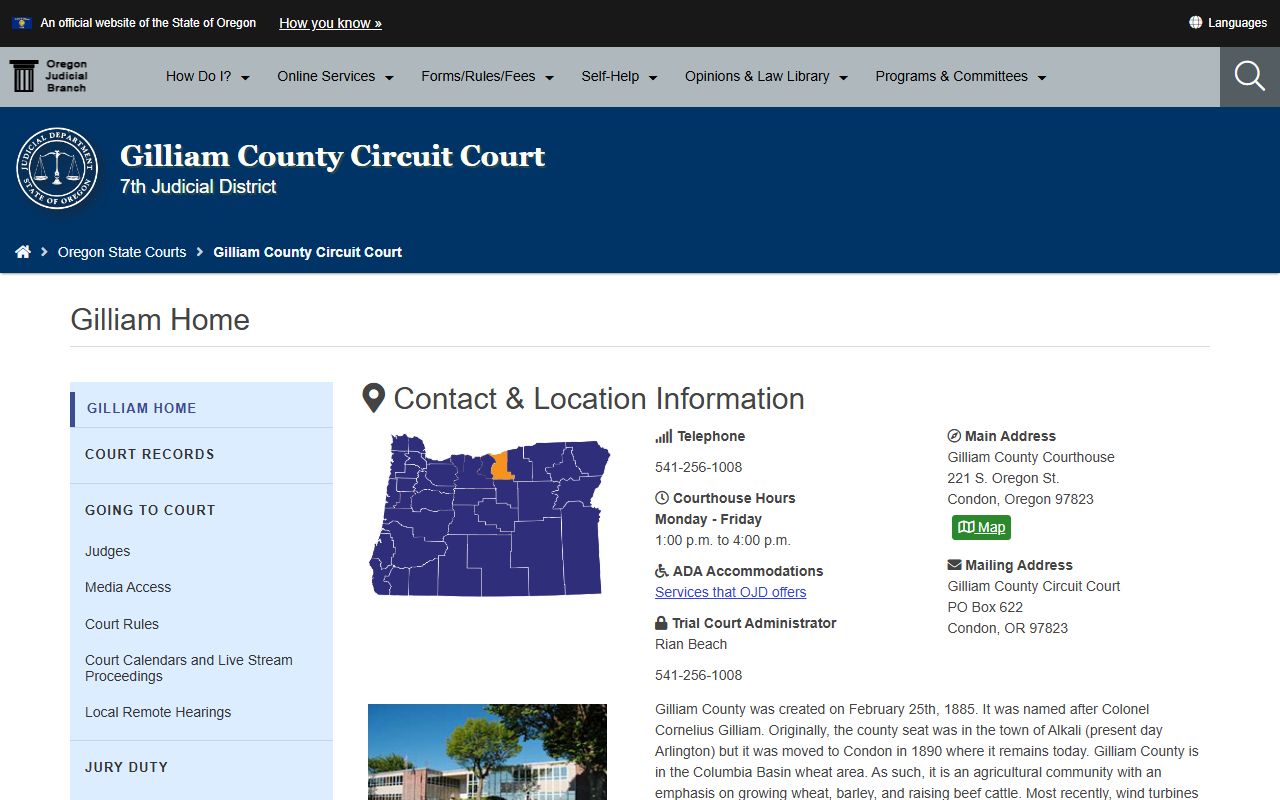 Gilliam County Circuit Court website for traffic court records in Condon Oregon