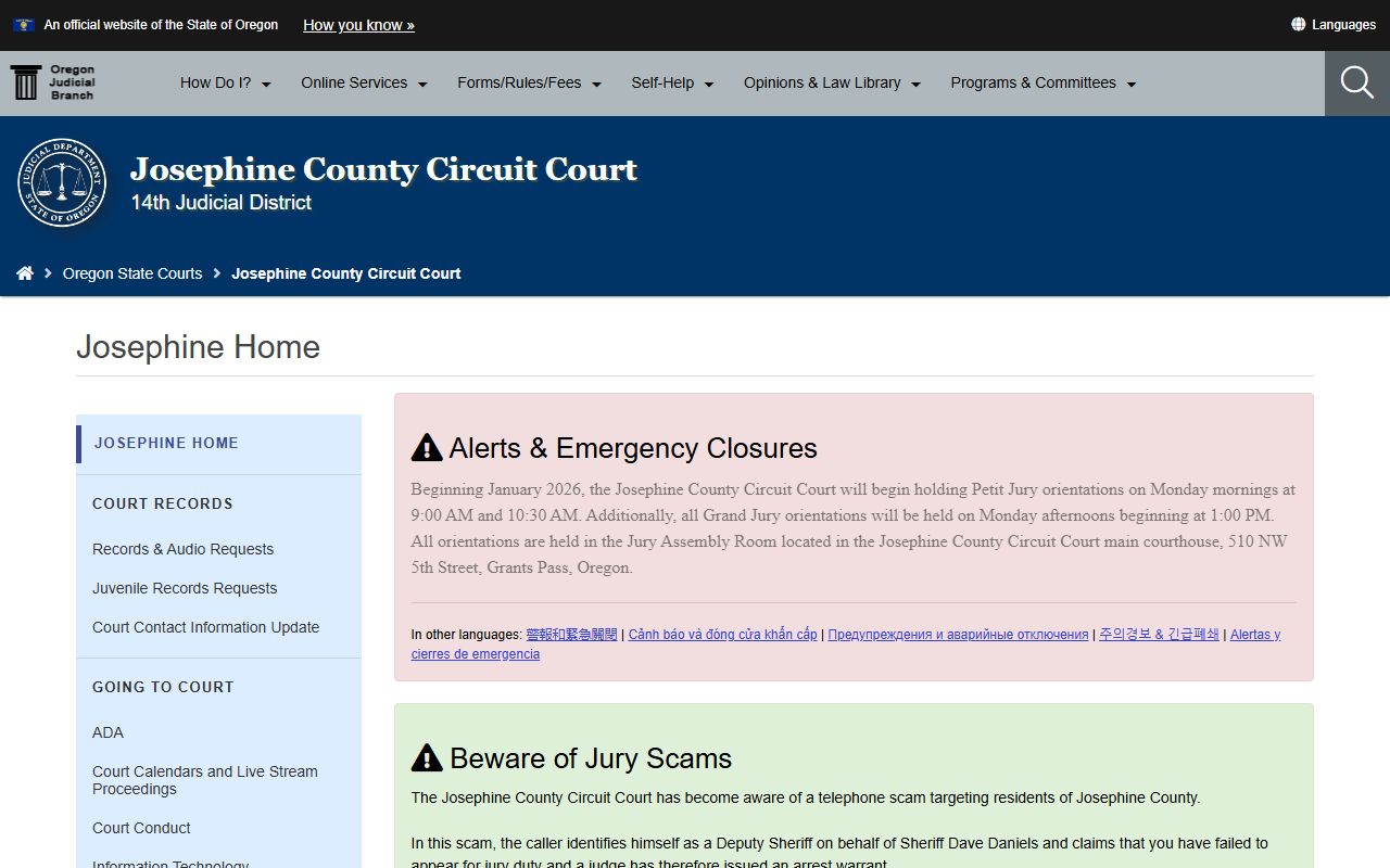 Josephine County Circuit Court website for traffic court records