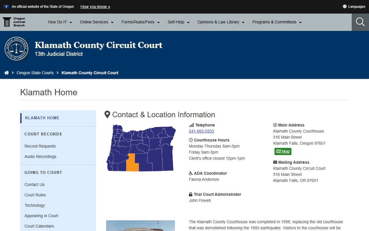 Klamath County Circuit Court website for traffic court records