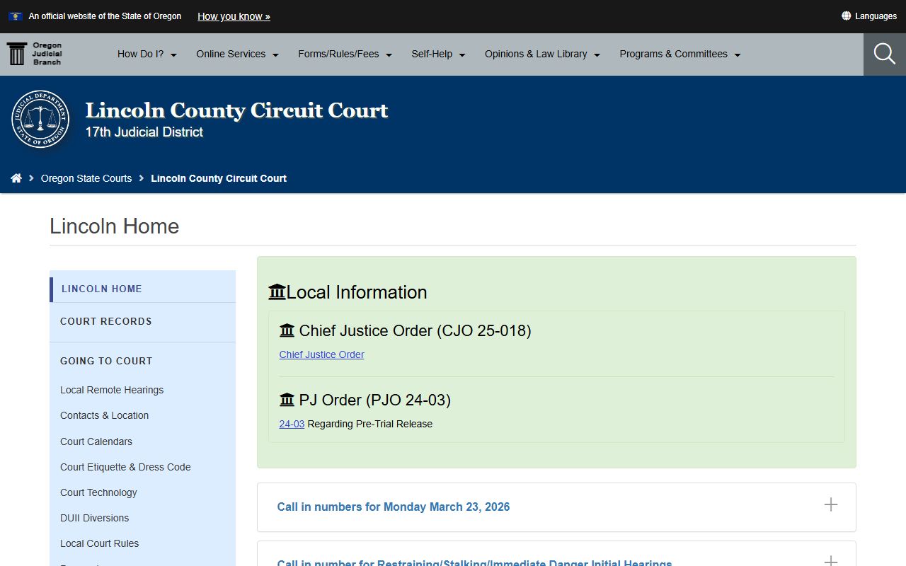 Lincoln County Circuit Court website for traffic court records
