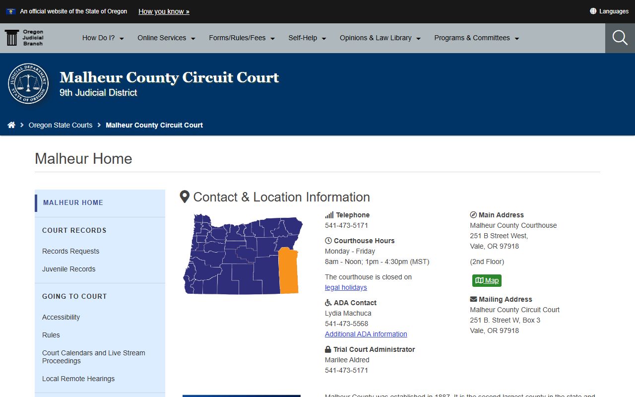 Malheur County Circuit Court website for traffic court records