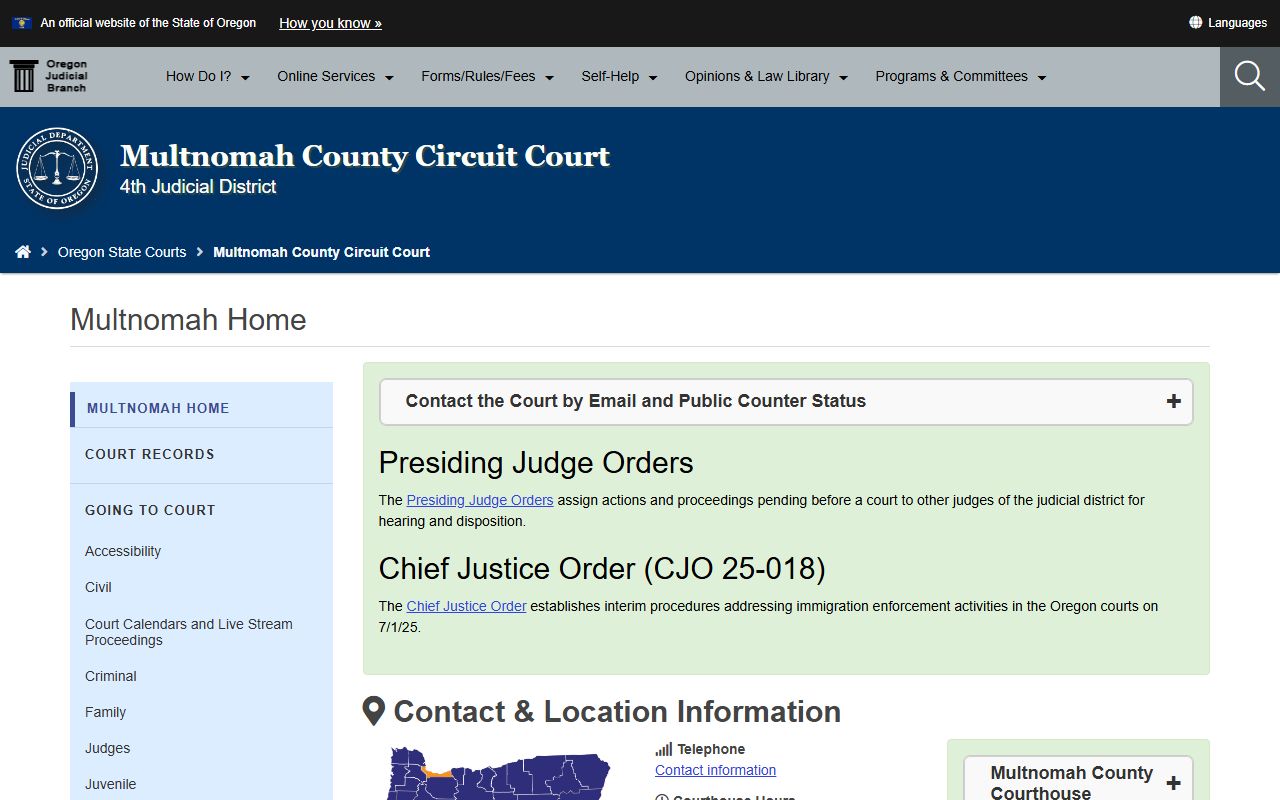Multnomah County Circuit Court website for traffic court records in Portland Oregon