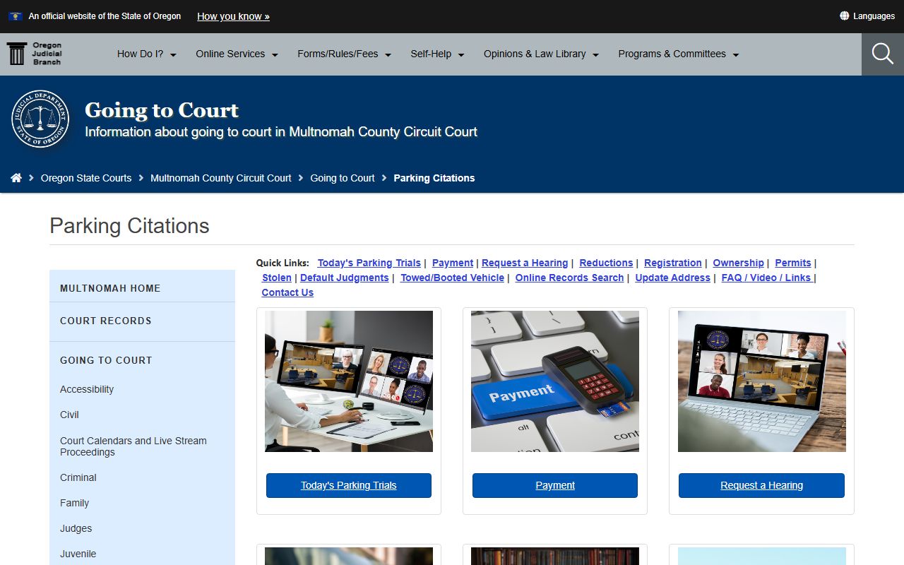 Multnomah County parking violations page for traffic court records