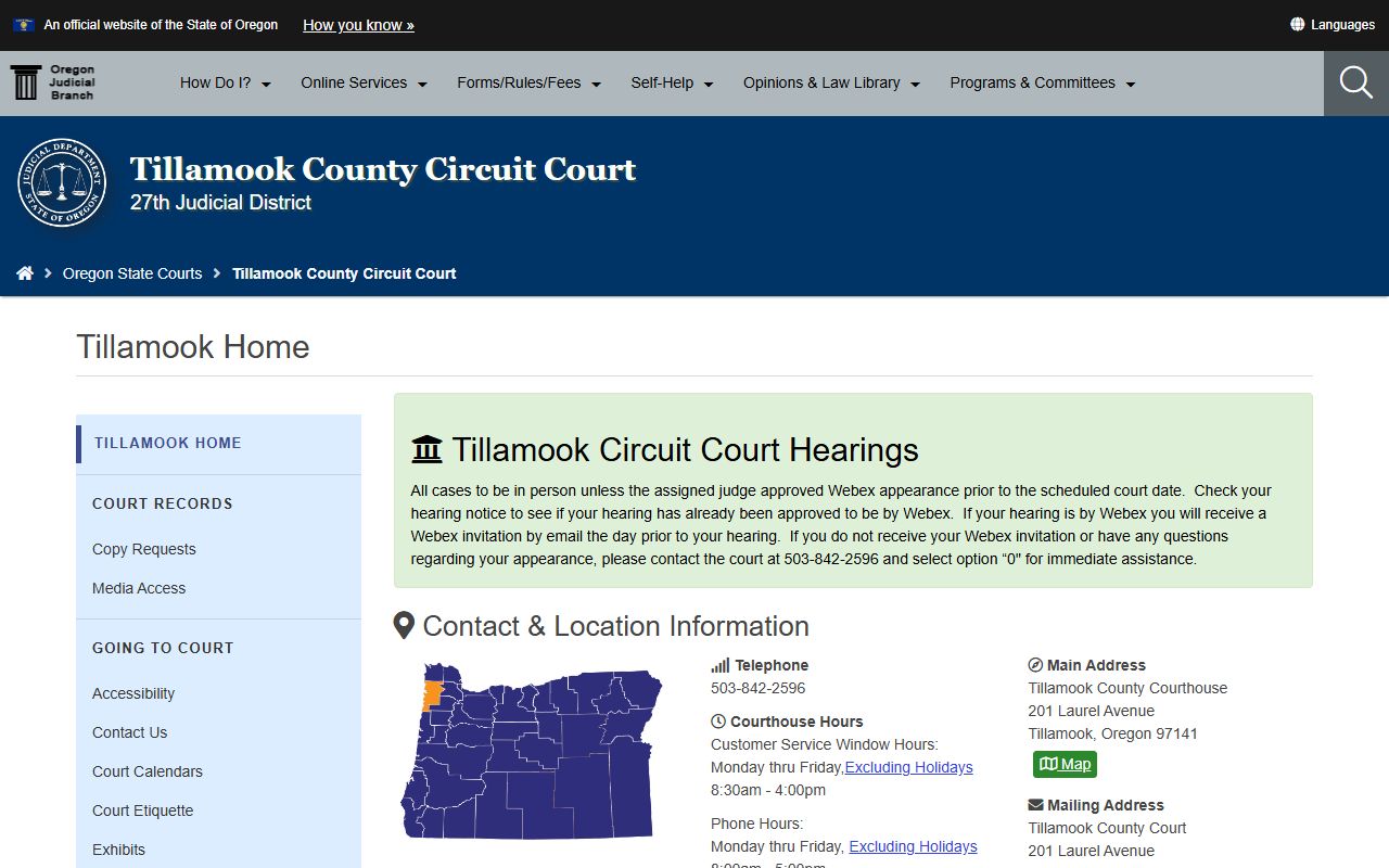 Tillamook County Circuit Court website for traffic court records