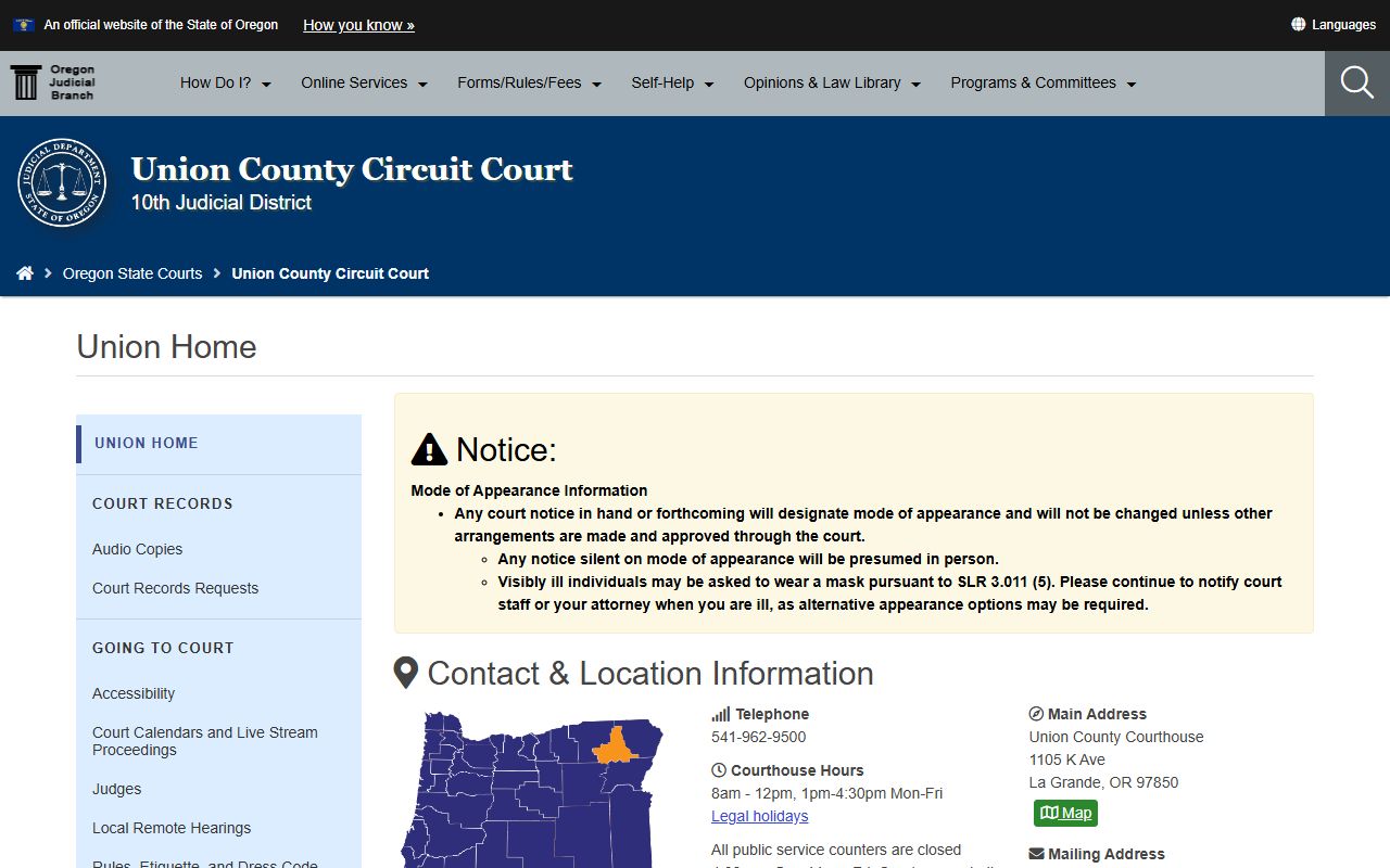 Union County Circuit Court website for traffic court records