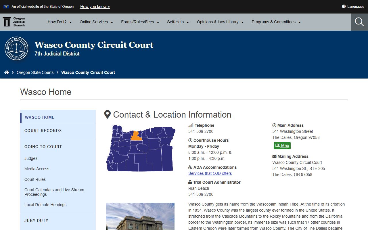 Wasco County Circuit Court website for traffic court records