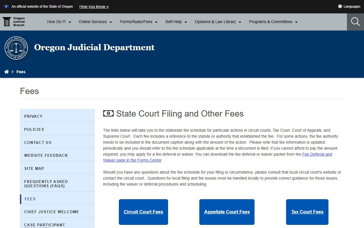 Oregon Judicial Department fee schedule for traffic court records