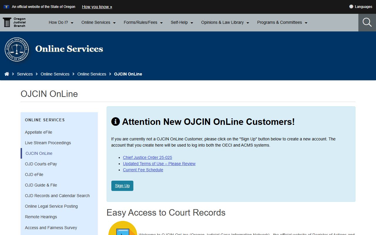 OJCIN subscription database for Oregon traffic court records