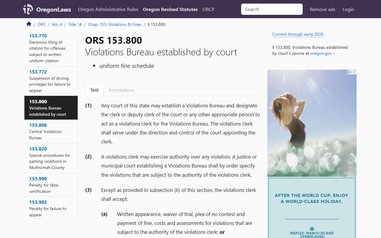 ORS 153.800 violation categories for Oregon traffic court records