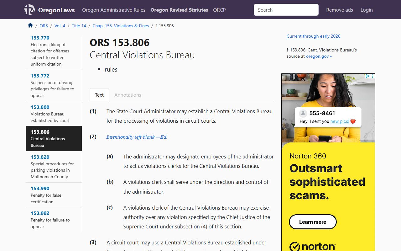 ORS 153.806 statute on Oregon traffic court fine amounts