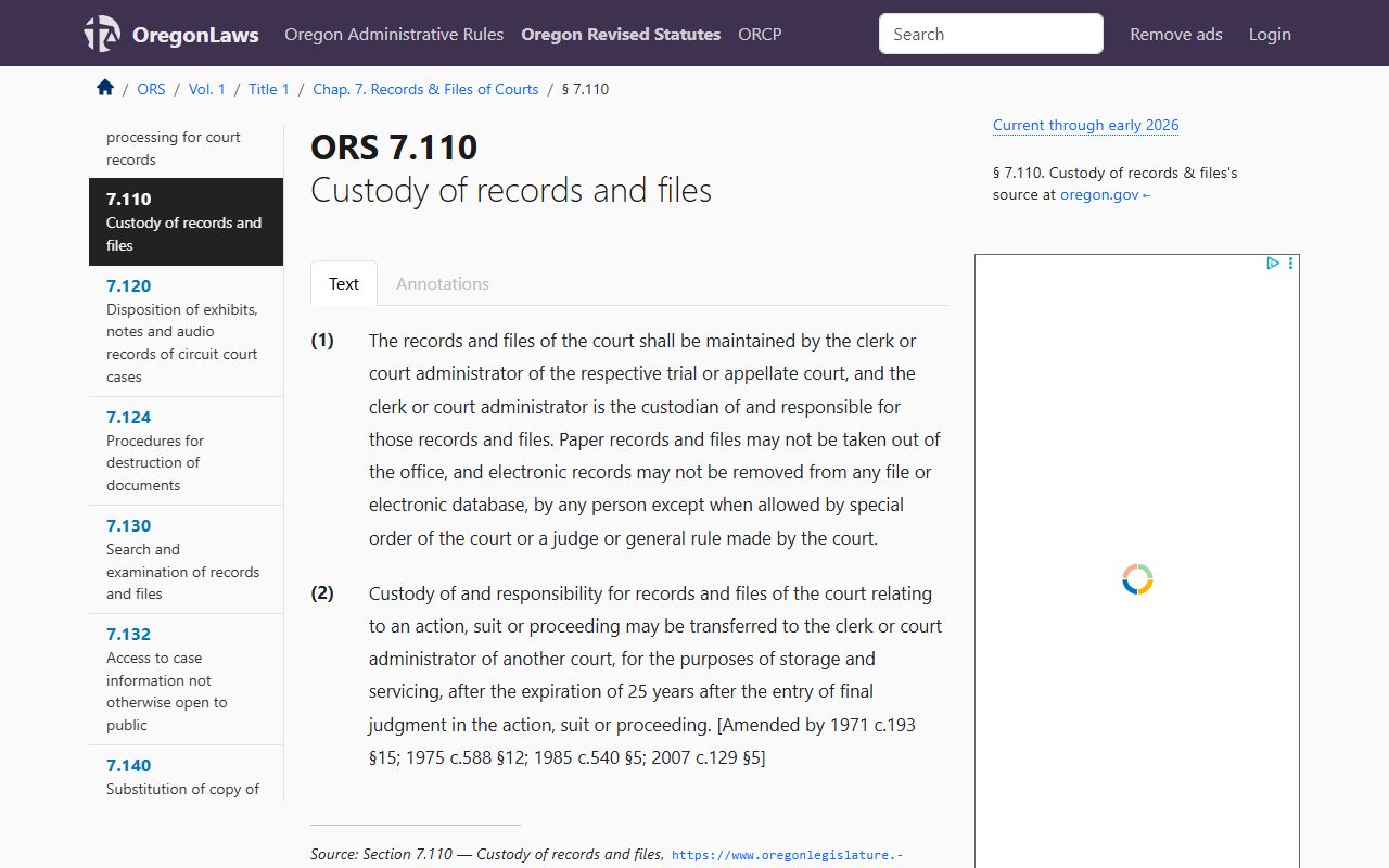 ORS 7.110 court fee statute for Oregon traffic court records