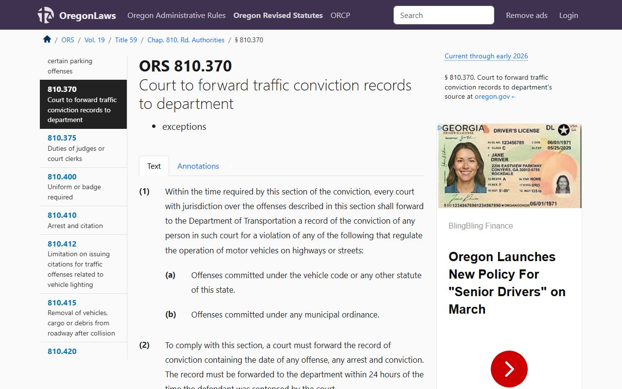 ORS 810.370 traffic record maintenance rules in Oregon