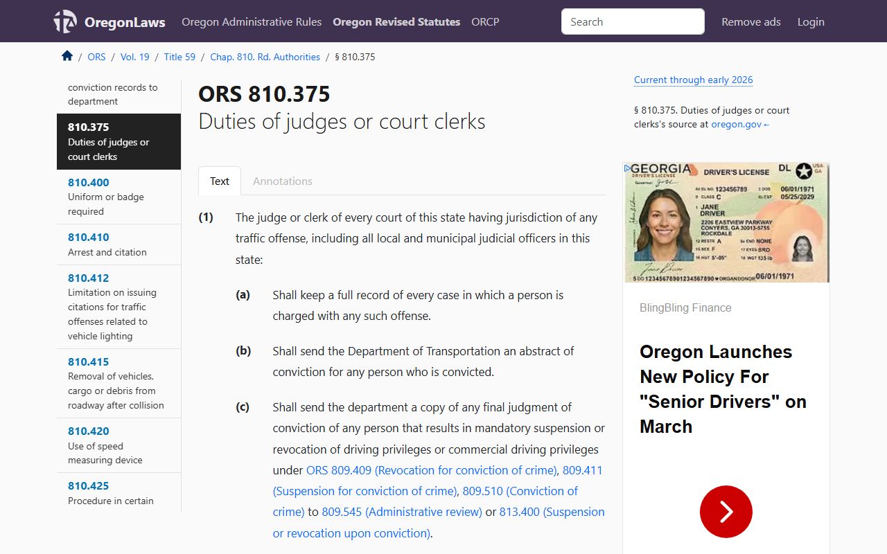 ORS 810.375 traffic offense procedures for Oregon court records