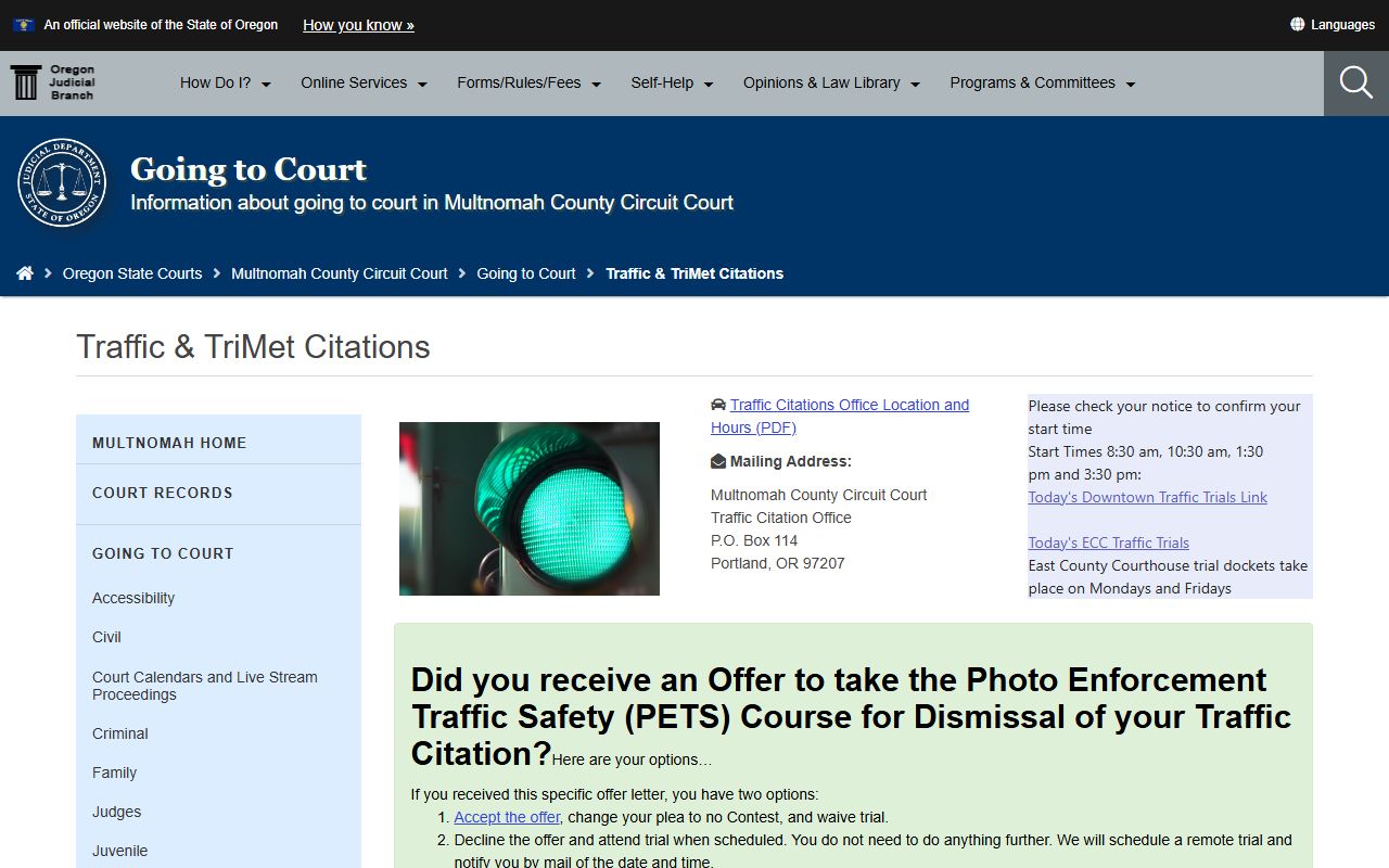 Multnomah County traffic court page showing Oregon citation options